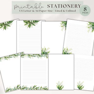 May include: Printable stationery set with 8 pages featuring a lily of the valley floral design. The pages are available in both lined and unlined options. The stationery is designed for US Letter and A4 paper sizes.