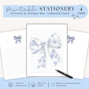 Può includere: Set di cancelleria stampabile con un design a fiocco floreale blu. Il set include pagine a righe e non, formati carta US Letter e A4. Il testo sull'immagine recita "Cancelleria stampabile" e "Perfetto per scrivere diari e appunti".