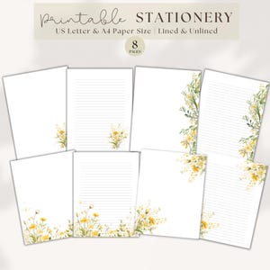 Yellow Paper Writing Spring Stationery Flower Note Lined Yellow Floral Paper Unlined Pretty Printable Paper Set Yellow Writing Letter Gift