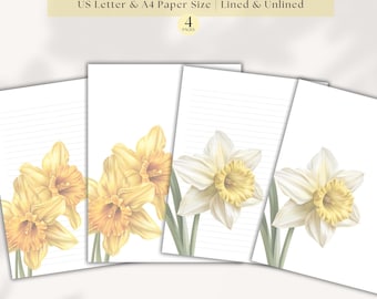 Daffodil Paper Lined Note Yellow Flower Letter Writing Paper Watercolor Spring Lined Stationery Journaling Floral Unlined Printable Paper