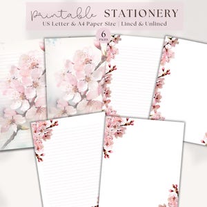 Puede incluir: Papelería imprimible con seis páginas con un diseño de acuarela de flores de cerezo rosas. Las páginas son tanto rayadas como sin rayar y tienen el tamaño de papel US Letter y A4.