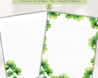 May include: Printable stationery featuring two pages with a green four-leaf clover border. One page is lined and the other is unlined. The text "Printable Stationery" is at the top of the image. The text "US Letter & A4 Paper Size | Lined & Unlined" is below the title. The text "2 Pages" is in a circle below the text.