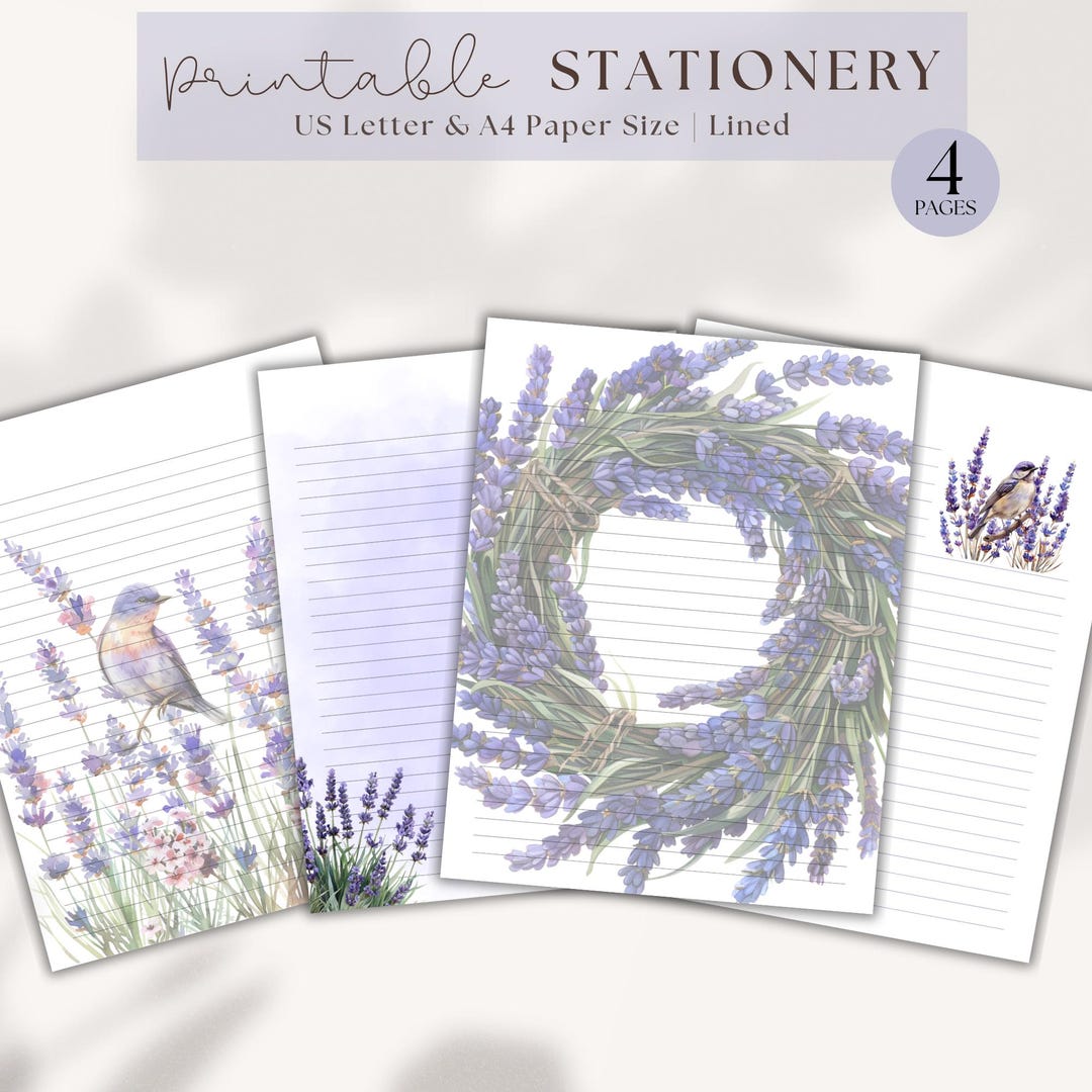 Printable Paper Lavender Flower Stationery Nature Letter Writing Bird ...
