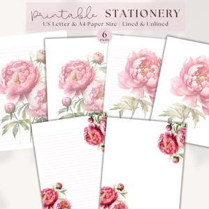May include: Printable stationery set featuring watercolor peony floral designs. The set includes lined and unlined US Letter and A4 paper sizes. The stationery is adorned with pink and red peony flowers and green leaves. The text on the image says "Printable Stationery".