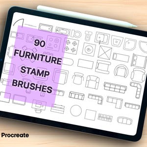 Könnte beinhalten: Eine digitale Illustration von 90 Möbel-Stempelpinseln für Procreate. Das Bild zeigt eine Vielzahl von Möbeln, darunter Stühle, Tische, Betten und Sofas. Die Pinsel sind für die Erstellung digitaler Illustrationen und Designs gedacht.