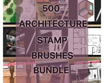 Könnte beinhalten: Eine digitale Illustration eines Bundles mit 500 Architektur-Stempelpinseln für Procreate. Das Bild zeigt eine Vielzahl von Architekturelementen, darunter Häuser, Fenster, Türen und Möbel. Der Text "500 Architecture Stamp Brushes Bundle" wird in großen, fetten Buchstaben angezeigt.