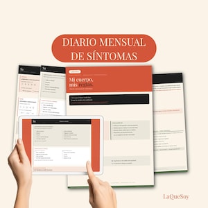 Op de afbeelding: Een digitale tablet en afgedrukte pagina's met een maandelijks symptoomdagboek. De titel van het dagboek is "Diario Mensual de Síntomas" in een rode banner. Het tabletscherm toont een formulier met vragen.