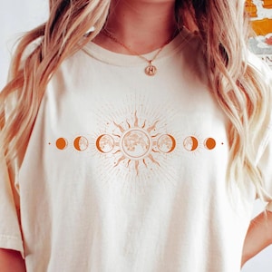 Celestial Comfort Colors® Shirt, Moon Phase T-shirt, Boho Mystical Moon And Sun Tee, Boho Moon Outfit, Spiritual Moon Women Clothing Gifts