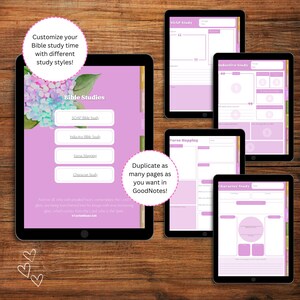 May include: A digital tablet screen displaying a pink and white background with the text "Bible Studies" and buttons for different study methods, including SOAP, Inductive, Verse Mapping, and Character Study. The text "Duplicate as many pages as you want in GoodNotes!" is also visible on the screen.