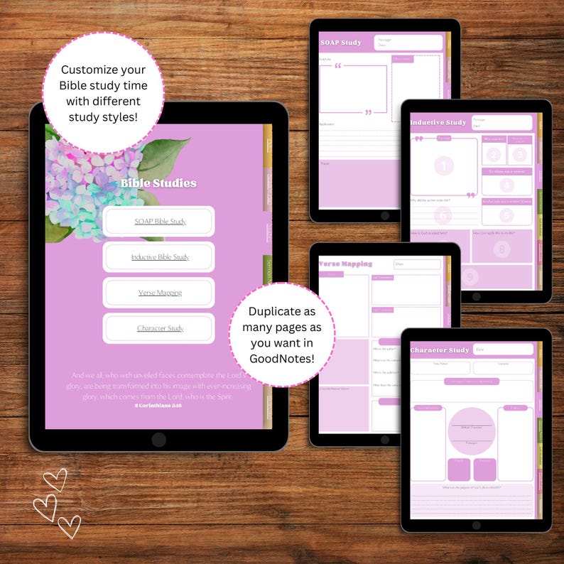 May include: A digital tablet screen displaying a pink and white background with the text "Bible Studies" and buttons for different study methods, including SOAP, Inductive, Verse Mapping, and Character Study. The text "Duplicate as many pages as you want in GoodNotes!" is also visible on the screen.