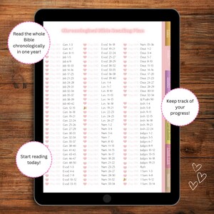 May include: A pink and white digital planner with a heart design. The planner includes a daily reading plan for the Bible, with a list of books and chapters to read each day. The text "Read the whole Bible chronologically in one year!" is at the top of the planner. The text "Start reading today!" is at the bottom of the planner. The text "Keep track of your progress!" is on the right side of the planner.