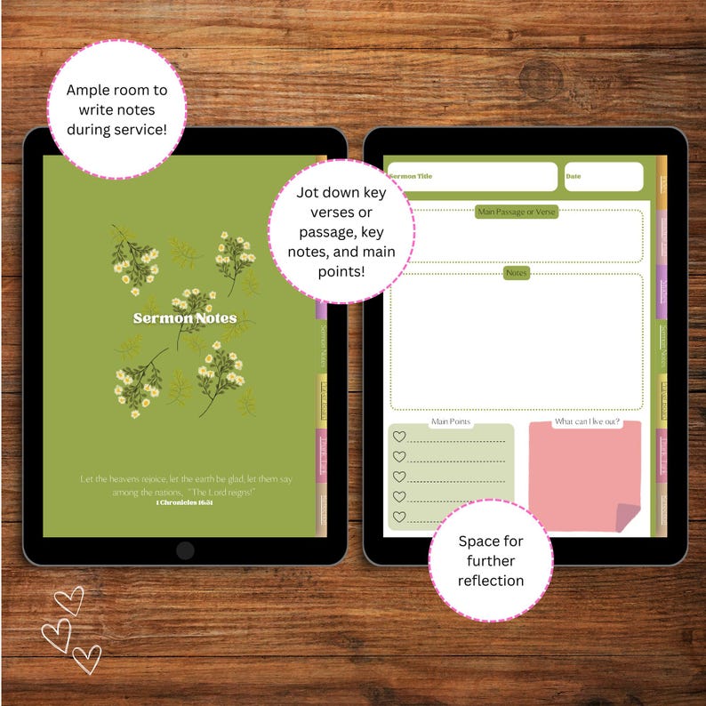 May include: A printable digital download for sermon notes. The green and white design features a floral pattern and the text "Sermon Notes". The page includes space for the sermon title, main passage or verse, notes, main points, and reflection.