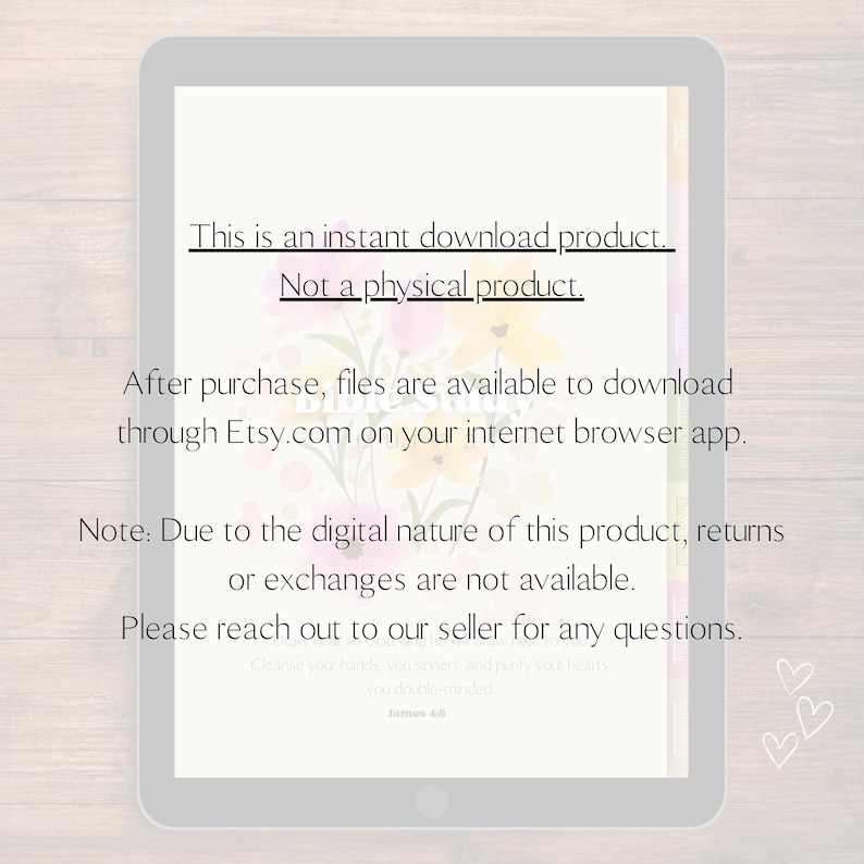 May include: A digital download product announcement with a floral background. The text reads: "This is an instant download product. Not a physical product. After purchase, files are available to download through Etsy.com on your internet browser app. Note: Due to the digital nature of this product, returns or exchanges are not available. Please reach out to our seller for any questions."