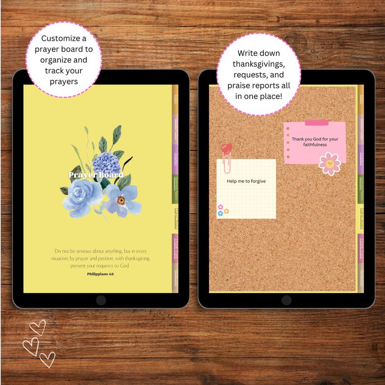 May include: A digital printable prayer board with a yellow background and a floral design. The board is divided into sections for writing down thanksgivings, requests, and praise reports. The text "Prayer Board" is written in a blue font. The text "Do not be anxious about anything, but in every situation, by prayer and petition, with thanksgiving, present your requests to God" is written in a smaller font. The text "Philippians 4:6" is written in an even smaller font. The text "Write down thanksgivings, requests, and praise reports all in one place!" is written in a white font on a yellow background. The text "Help me to forgive" is written on a pink sticky note. The text "Thank you God for your faithfulness" is written on a pink sticky note with a smiley face.