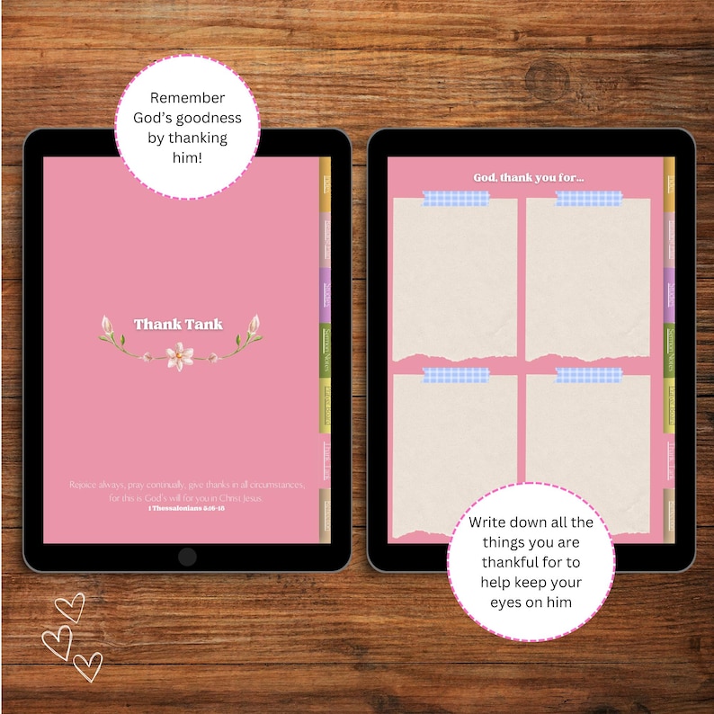 May include: A pink digital planner with the text "Thank Tank" and a floral design. The planner has a section for writing down things you are thankful for with the text "God, thank you for..." and "Write down all the things you are thankful for to help keep your eyes on him".