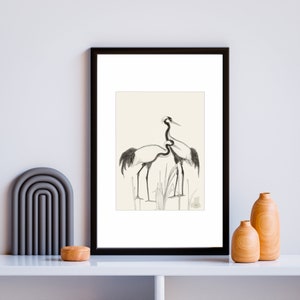Die Kraniche - Digitaldruck, Bleistiftskizze, moderne Wandkunst, Wohnkultur im japanischen Stil, Neutraldruck, minimalistischer Druck, Instant Download