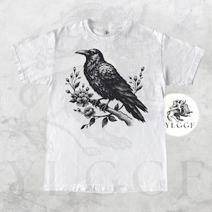 Raven T-Shirt Gothic Nature Tee | Dark Academia Crow Shirt | Witchy Bird Graphic Shirt for Women | Occult Floral Vintage Tee