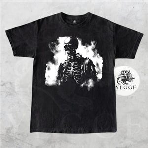 Skeleton Ghost T-Shirt | Grunge Gothic Horror Tee | Smoke Skeleton Graphic Shirt | Vintage Black Edgy Halloween Shirt for Men & Women