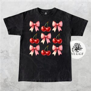 Cherry Bow Shirt Aesthetic | Cute Coquette Grid Tee | Kawaii Pink Bow & Red Cherries T-Shirt | Soft Girl Baby Tee | Y2K Fruitcore Top