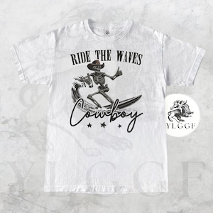Ride The Waves Cowboy Skeleton Shirt, Funny Surfing Cowboy T-Shirt, Western Beach Summer Tee, Retro Vintage Surf Gift for Him Her