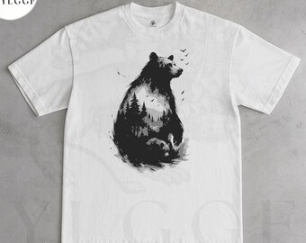 Bear Forest Silhouette Shirt | Watercolor Wilderness T-Shirt for Men Women | Nature Camping Tee | Wildlife Adventure Graphic | Hiking Gift