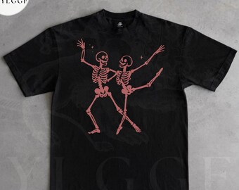 Dancing Skeletons T-Shirt | Cute Spooky Graphic Tee | Halloween Aesthetic Shirt | Retro Skeleton Dance Tee | Gothic Trendy Unisex Top