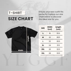 May include: Black t-shirt with a size chart. The chart shows measurements in centimeters for sizes S to 3XL. The text on the image reads "T-SHIRT SIZE CHART" and "Ensure your new outfit fits perfectly! Explore our size chart below to discover the ideal size for you."