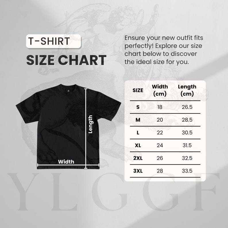 May include: Black t-shirt with a size chart. The chart shows measurements in centimeters for sizes S to 3XL. The text on the image reads "T-SHIRT SIZE CHART" and "Ensure your new outfit fits perfectly! Explore our size chart below to discover the ideal size for you."