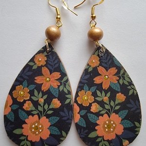 Teardrop Decoupage wood floral earrings