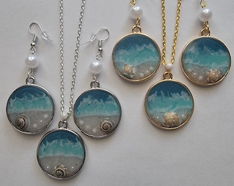 Handmade Resin Sea Shell Earrings With Matching Necklace