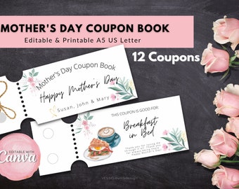 Editable Coupon Book Template / Mother's Day / Printable Coupon Book / Mothers Day Vouchers / Coupon Book / Mother's Day Present / Spoil Mom