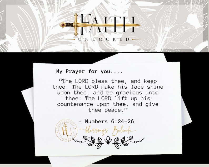 Puede incluir: Una tarjeta rectangular blanca con el texto My Prayer for you seguido del vers&iacute;culo b&iacute;blico Numbers 6:24-26. La tarjeta incluye un logotipo circular con las letras FU y un gr&aacute;fico de l&iacute;nea floral. El encabezado superior muestra el texto FAITH UNLOCKED.