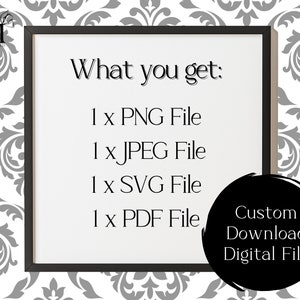 Puede incluir: Un archivo digital cuadrado con un borde negro sobre un fondo blanco. El texto dice: What you get: 1 x PNG File, 1 x JPEG File, 1 x SVG File, 1 x PDF File. Un c&iacute;rculo negro en la esquina contiene el texto: Custom Download Digital File.