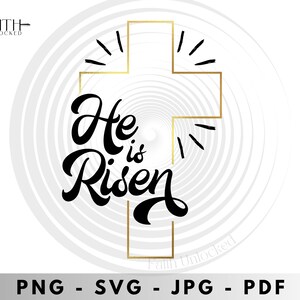 Può includere: Un design grafico nero e oro con una croce e il testo "He is Risen" in un font stilizzato. Lo sfondo è un motivo circolare bianco e grigio.