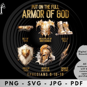 Pode incluir: Uma ilustração digital da Armadura de Deus, um conceito cristão, com um esquema de cores dourado e branco. A ilustração representa um escudo, um capacete, uma couraça, um cinto, sapatos e uma espada. O texto "PUT ON THE FULL ARMOR OF GOD" está no topo da imagem. O texto "EPHESIANS 6:10-18" está na parte inferior da imagem.