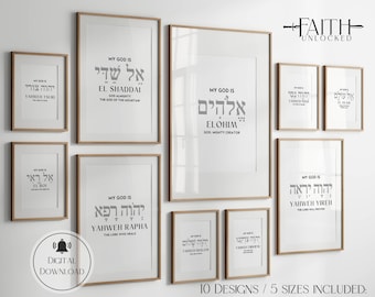 Paquete de los 10 nombres de Dios, nombres hebreos de Dios, juego de 10 impresiones cristianas para descargar, orando los nombres de Dios, Yahweh, Elohim, Jesús,