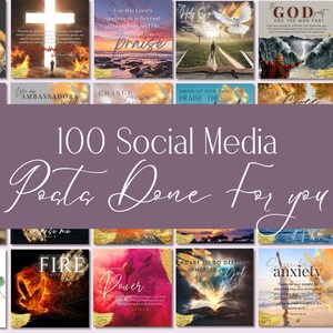 Pode incluir: Uma colagem de 18 imagens com citações inspiradoras e versículos bíblicos. As imagens estão em formato de grade e têm um fundo roxo com o texto "100 postagens de mídia social prontas para você".