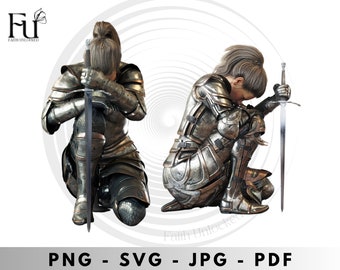 Kneeling Warrior svg, png, jpeg, Armor of God svg, Armour of God png, Girl warrior, knight kneeling down in armor, Customization, 2 images.