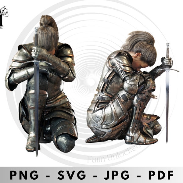 Knielende Warrior SVG, PNG, JPEG, Armor of God SVG, Armor of God PNG, Girl warrior, ridder geknield in pantser, maatwerk, 2 afbeeldingen.