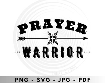 May include: Black and white graphic design with the text "PRAYER WARRIOR" in a bold font. A shield with a cross is centered between two swords, with an arrow pointing to the right and left of the shield.