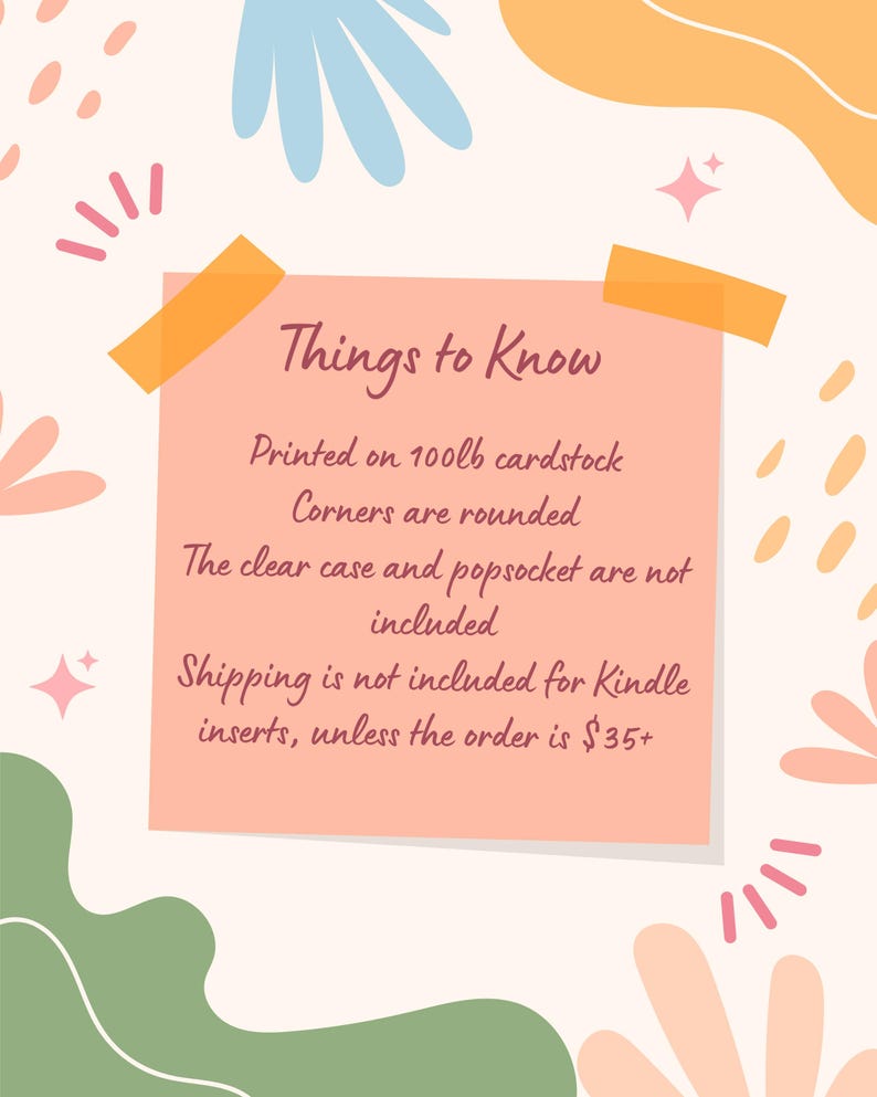 K&ouml;nnte beinhalten: Ein pfirsichfarbener Haftzettel mit dem Text "Things to Know" und Produktdetails. Der Zettel ist auf einem cremefarbenen Hintergrund mit pastellfarbenen Blumen- und geometrischen Formen befestigt.