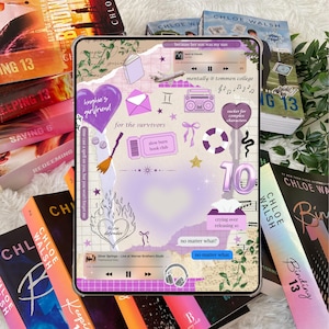 K&ouml;nnte beinhalten: Ein digitales Tablet mit einem Collage-Design mit lila Herzen, Text und Illustrationen. Mehrere B&uuml;cher mit Titeln wie "Binding 13" und "Keeping 13" von Chloe Walsh umgeben das Tablet. Das Bild deutet auf ein Thema von B&uuml;chern und Lesen hin.