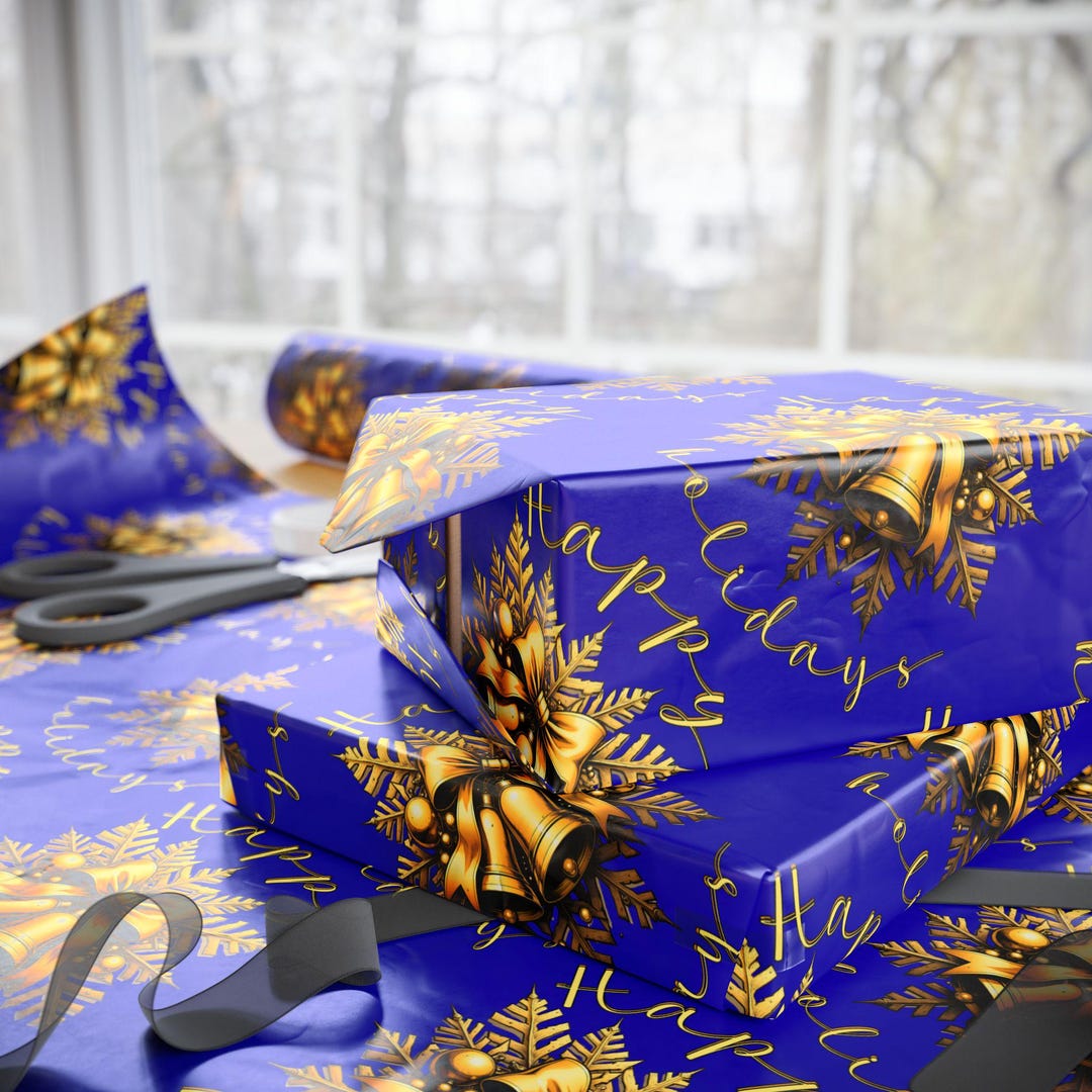 Royal Blue & Gold Holiday Wrapping Paper Roll Elegant Floral Wreath ...