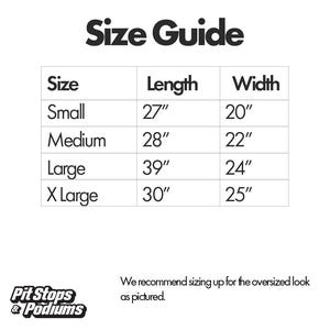 May include: Size guide chart for a clothing item with measurements in inches. The chart shows the size, length, and width of the item in inches. The sizes are Small, Medium, Large, and X Large. The length and width measurements are in inches. The chart also includes the text "We recommend sizing up for the oversized look as pictured."