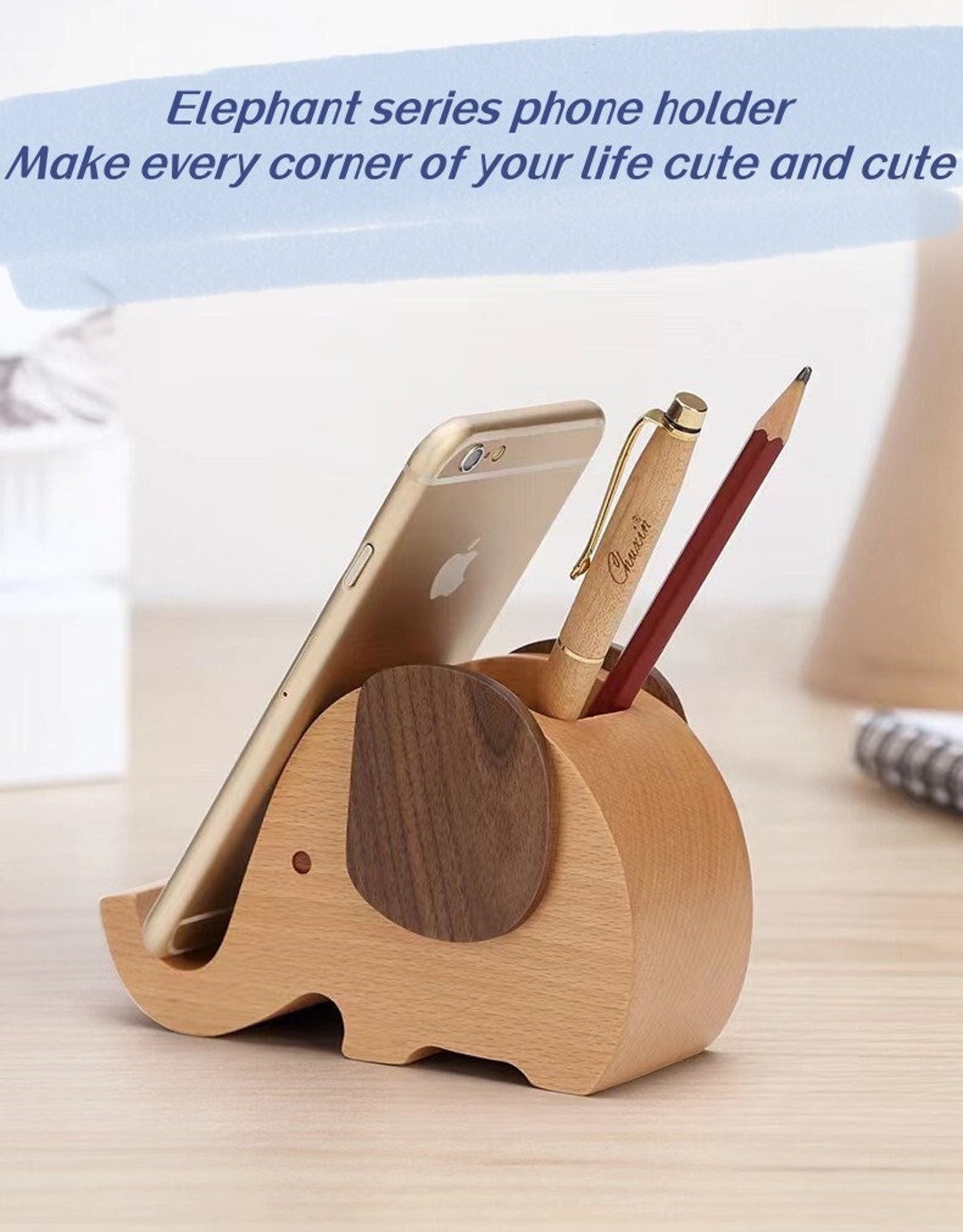 Wooden Elephant Phone Holder and Pen Holder Functional and Etsy