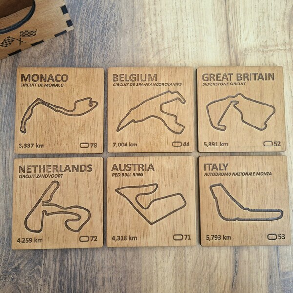 F1 Coasters - Formule 1 Home Decor - Cadeau Formule 1 - Sous-verres inspirés de la F1 en bois Ensemble de 6 - Cadeau fan F1 - Cadeau F1