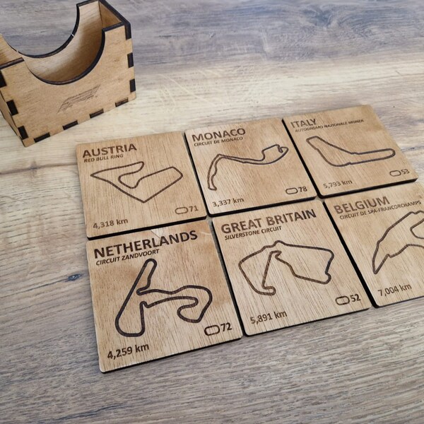 F1 Coasters - Formula One Home Decor - Formula 1  Gift - Wooden F1 Inspired Coasters Set of 6 - F1 Fan Gift - F1 Present