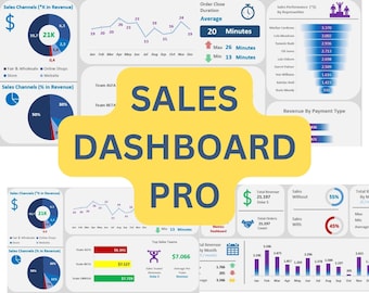 Puede incluir: Un gráfico amarillo y negro con el texto "SALES DASHBOARD PRO" en letras grandes y en negrita. El gráfico está rodeado de gráficos y tablas más pequeños que muestran datos de ventas, incluidos los ingresos por canal de ventas, la duración del cierre de pedidos, el rendimiento de las ventas por representante y los ingresos por tipo de pago.