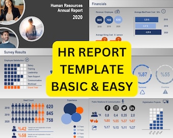 May include: A yellow and black infographic template for an HR report. The template includes sections for employee satisfaction, headcount, experience, public relations and communication, and digitalization projects. The template also includes a section for financials, with data on revenue per employee, average manpower cost, and average hiring cost. The template is titled "HR Report Template Basic & Easy".