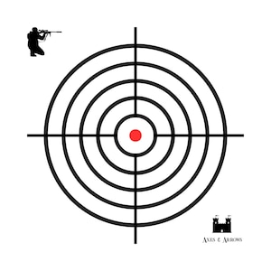 Könnte beinhalten: Eine schwarz-weiße Zielscheibe mit einem roten Bullseye. Die Zielscheibe hat konzentrische Kreise und ein Fadenkreuz. Der Text "Axes & Arrows" befindet sich unterhalb der Zielscheibe.